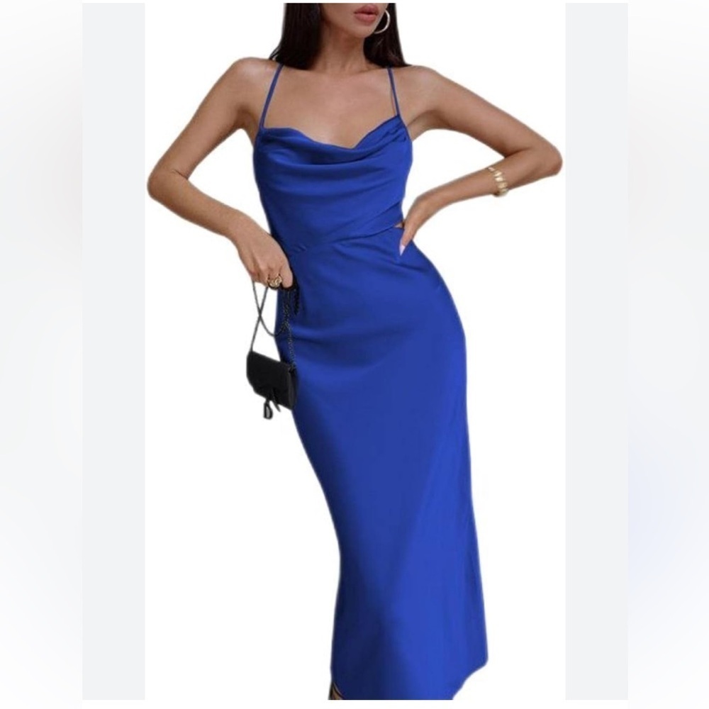 Paper Heart maxi backless Slip satin Dress Straps royal blue Sz L
